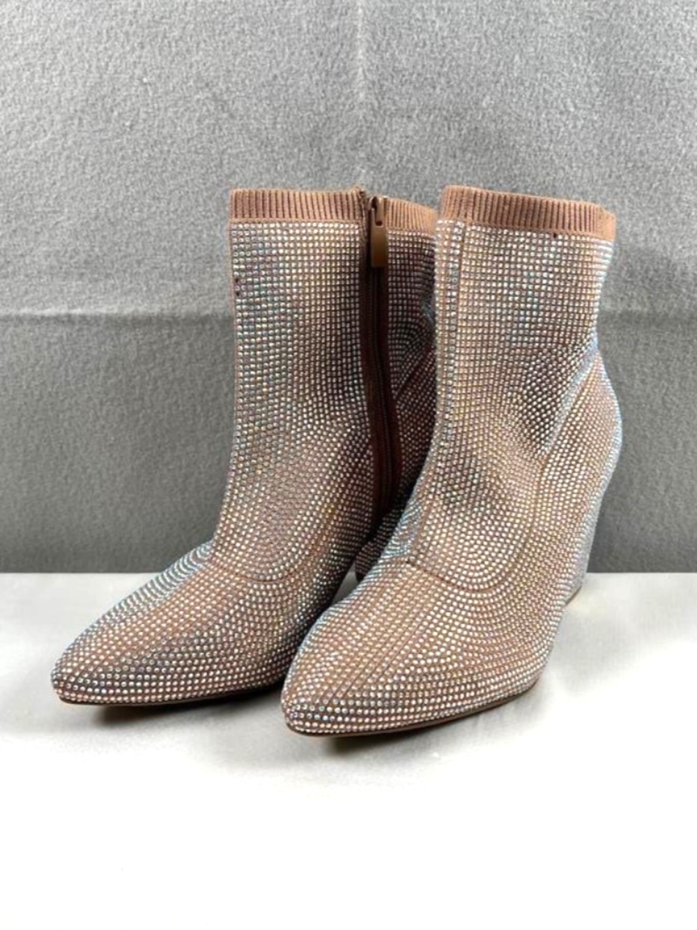 Torrid Stretch Knit Embellished Ankle Bootie Size 8WW Taupe Rhinestones Sparkle